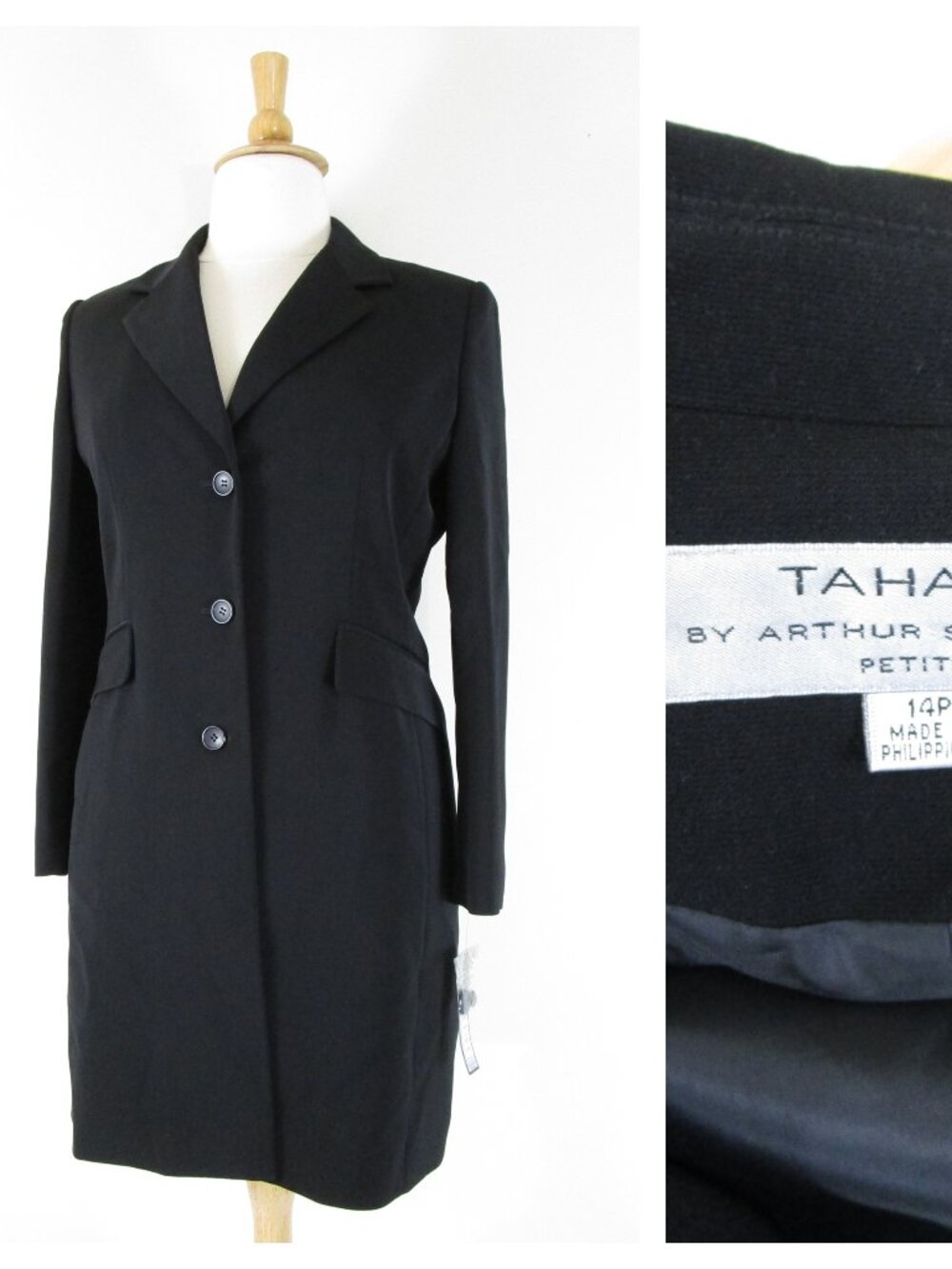 Tahari Womens Solid Black Long Topcoat Blazer 14P Formal Business Career